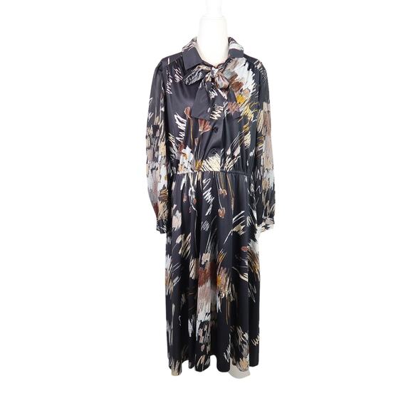 Vintage Dresses & Skirts - Vintage 70s Gayle Evans black and brown abstract print midi dress XL